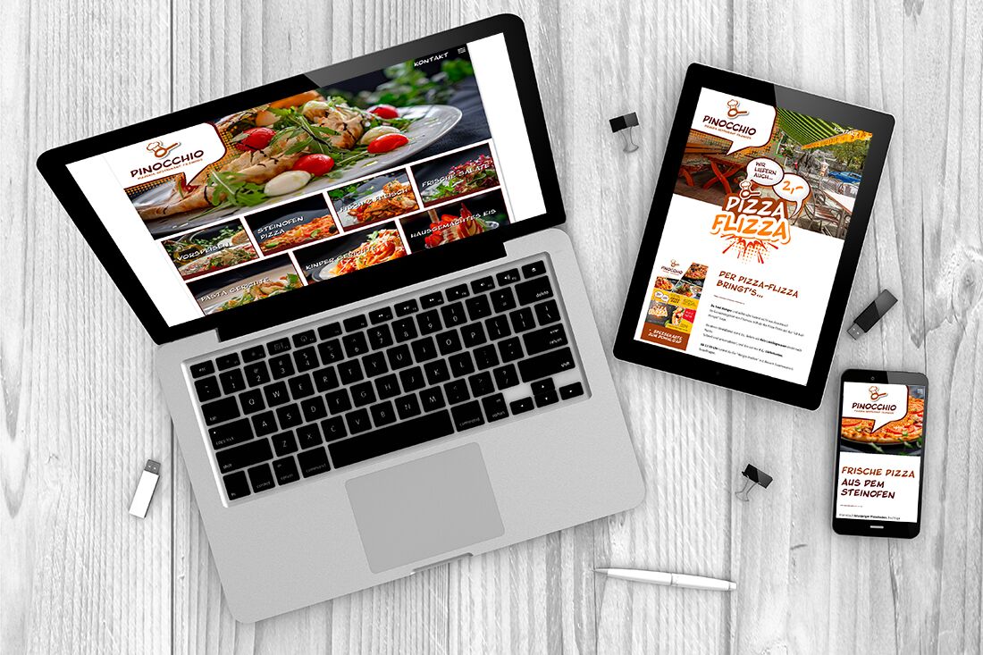 Webseite und Logo Gestaltung der Pizzeria und Restaurant Pinocchio in Filzmoos