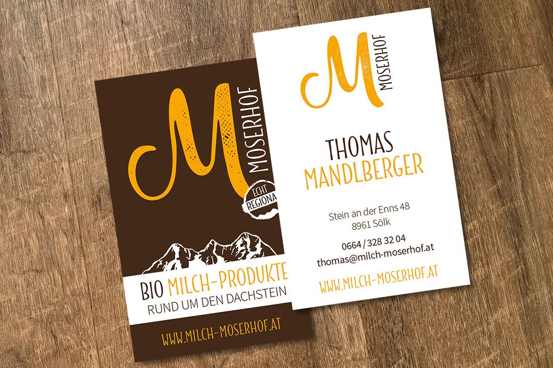 Visitenkarten für Moserhof, Bio Milch-Produkte aus der Region Schladming-Dachstein
